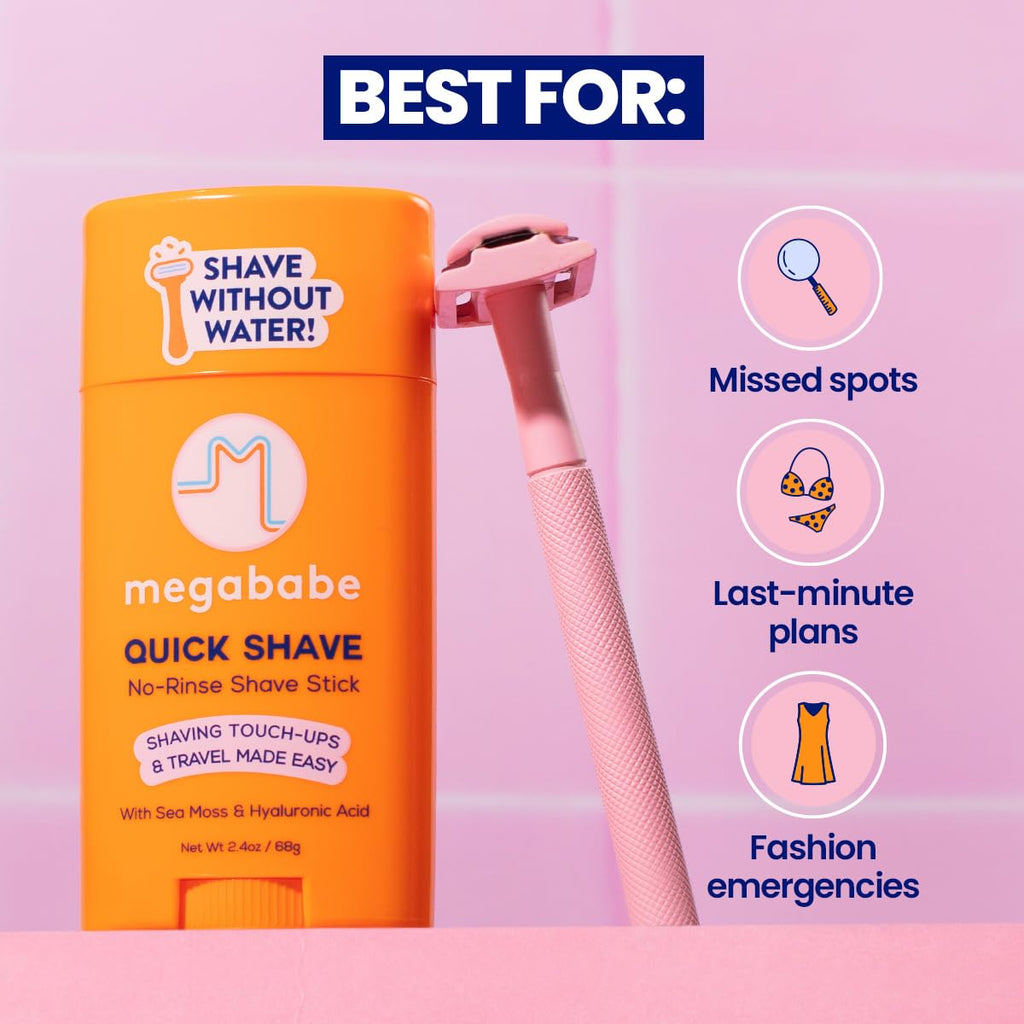 Megababe Quick Shave No-Rinse Shave Stick – Travel-Friendly Hydration & Touch-Ups (2.4 oz)