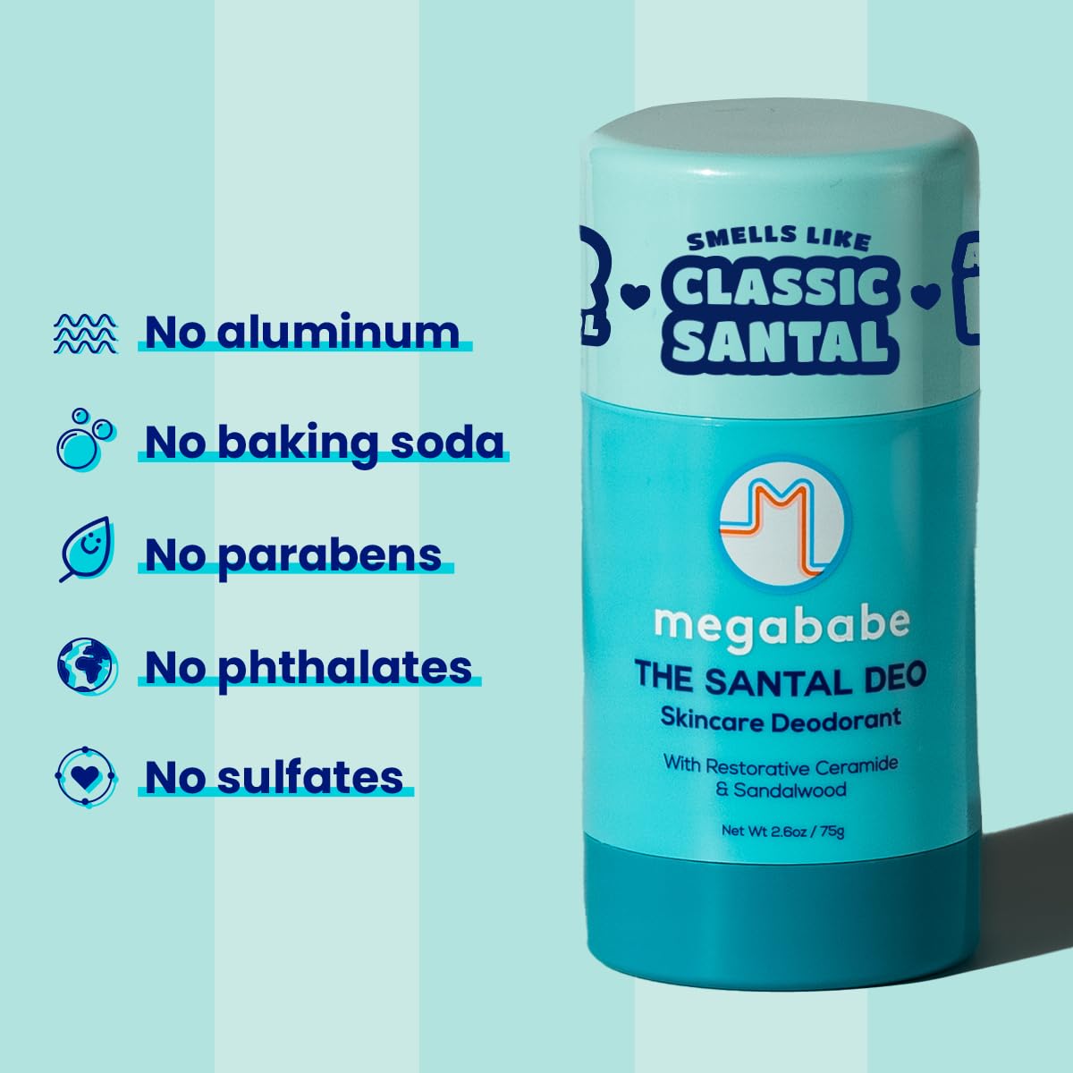 Megababe Santal Deo – 72-Hour Odor Protection, Aluminum-Free, Ceramides + Sandalwood, 2.6 oz