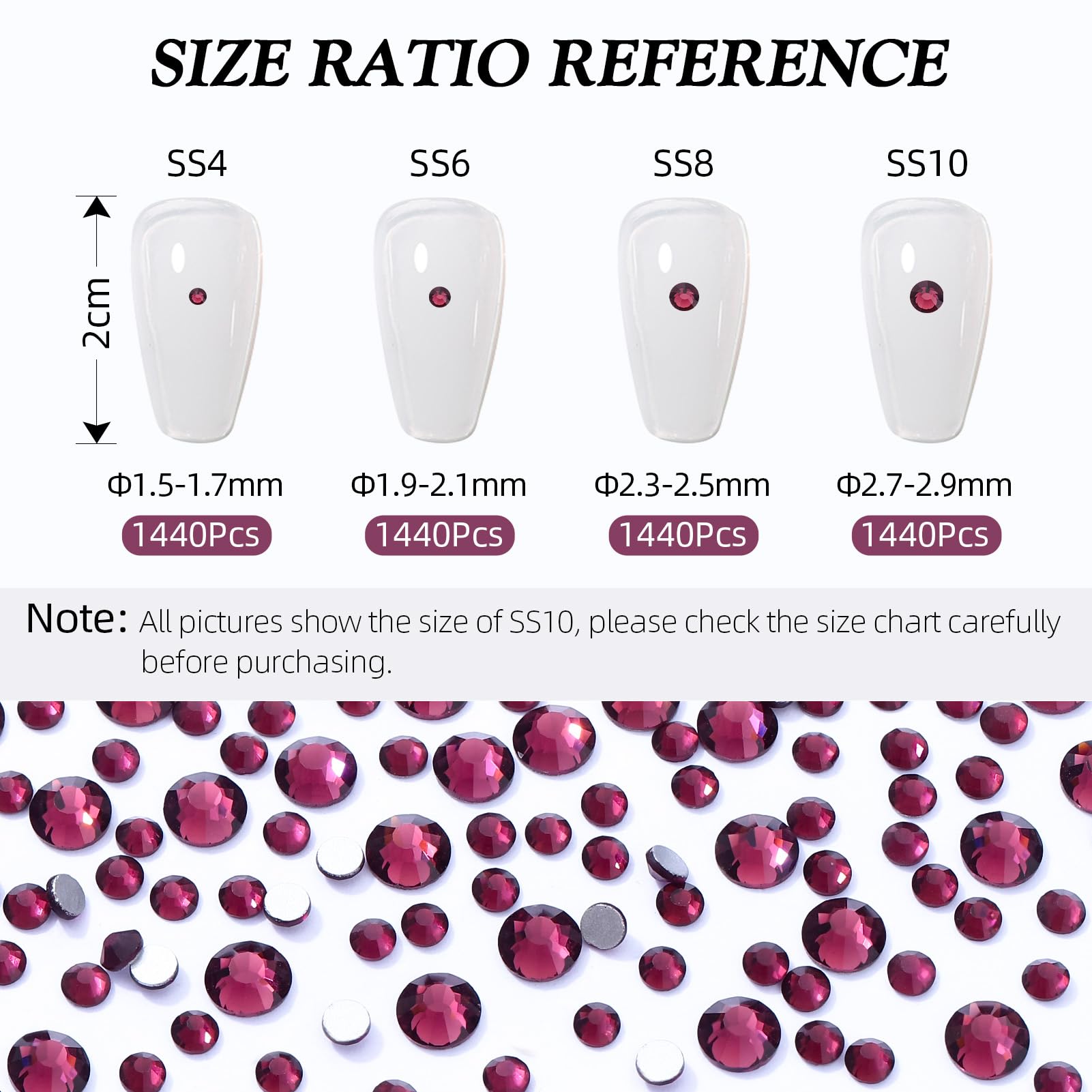 Meibite Purple Flatback Rhinestones – 1440pcs Glass Rhinestones (SS10, 2.7–2.8mm) for Nails & Crafts
