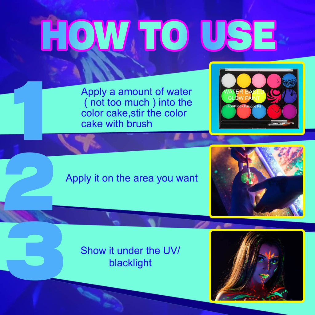MEICOLY UV Blacklight Face Paint – 15 Neon Colors, Water-Based Glow Makeup