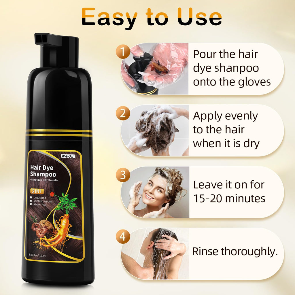 MEIDU Dark Brown Hair Dye Shampoo 3-in-1 for Women & Men – Semi-Permanent Color, 2–3 Weeks (5.07 oz)