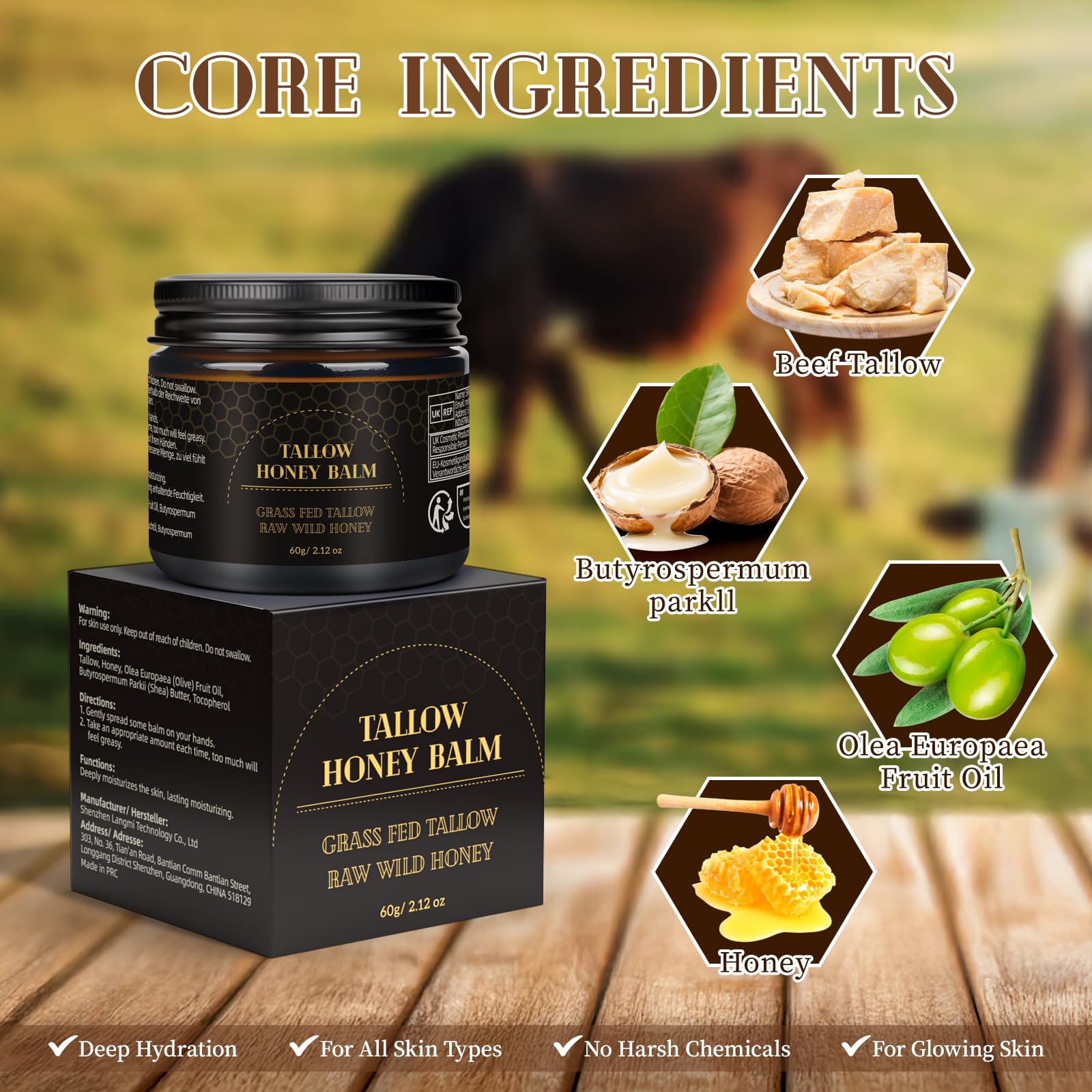 Meidu Beef Tallow Balm – Organic Grass-Fed Tallow & Raw Honey, Face & Body Moisturizer (60g)