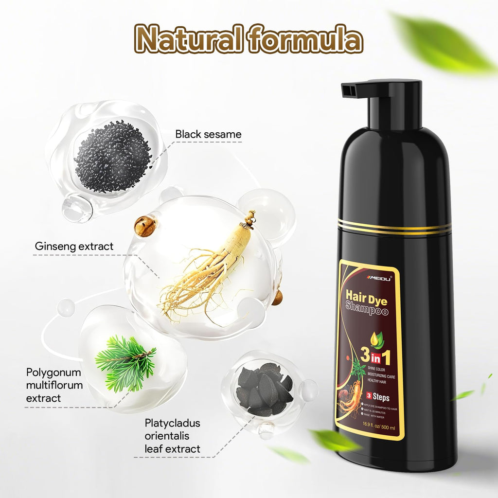 MEIDU 3-in-1 Hair Dye Shampoo for Gray Hair – Dark Brown, Herbal Natural (500ml)
