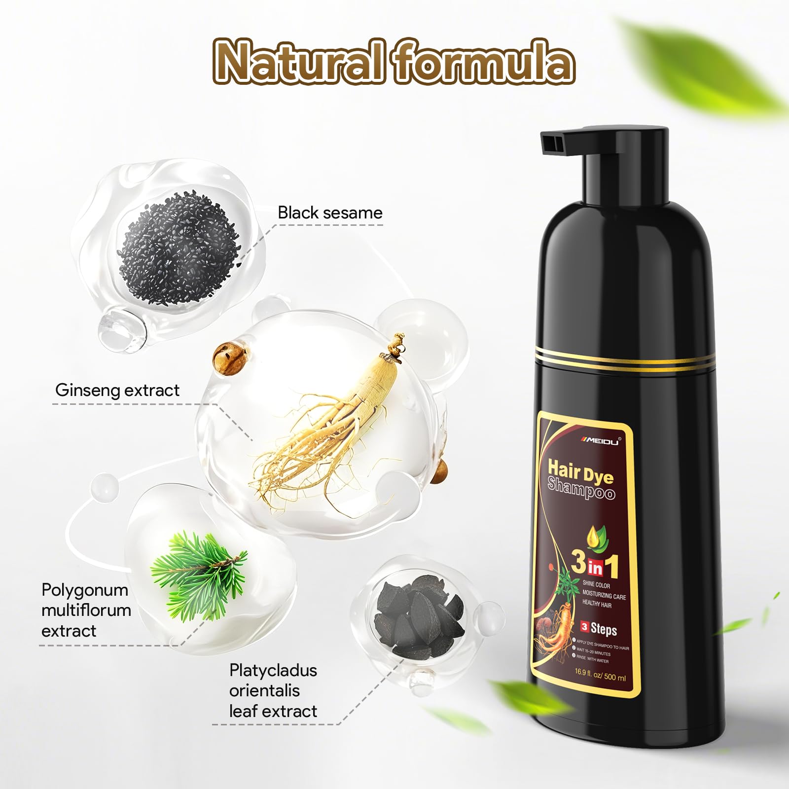 MEIDU 3-in-1 Hair Dye Shampoo for Gray Hair – Dark Brown, Herbal Natural (500ml)