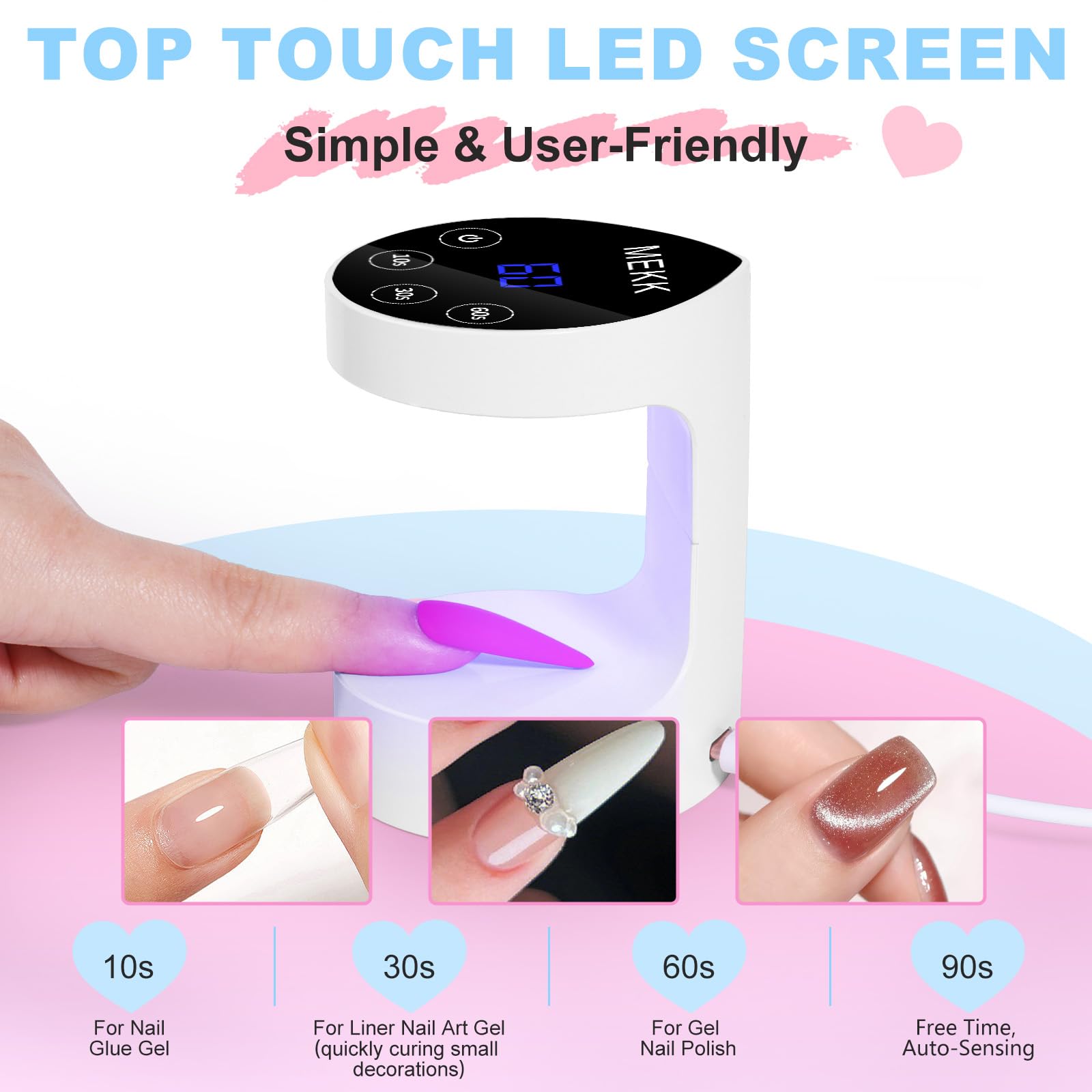 MEKK Mini UV Light for Nails – Peach Shape, Auto-Sensor, 8 Beads, 4 Timers, Travel-Ready
