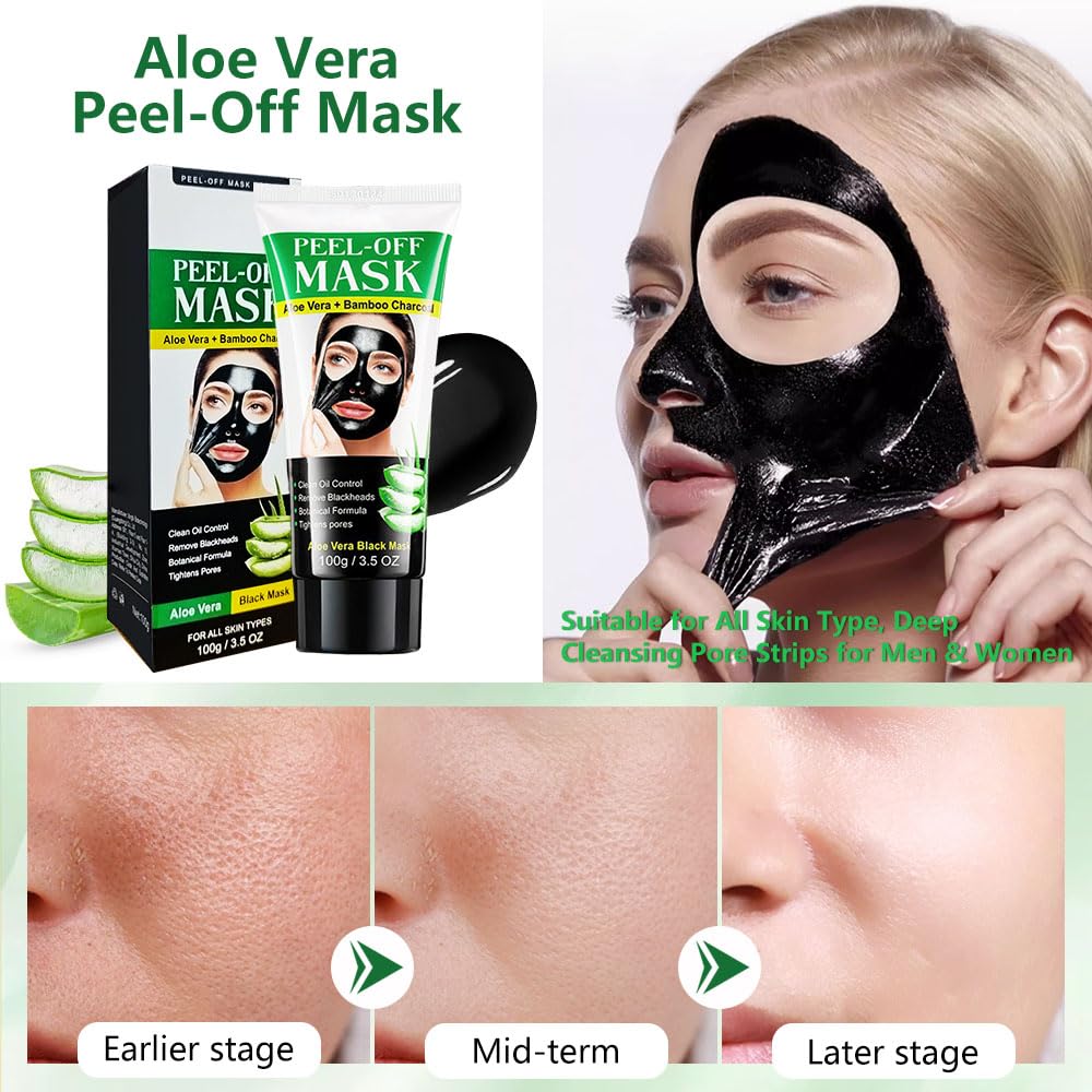 Mekuel Charcoal Face Mask Peel-Off with Aloe Vera & Bamboo Charcoal — Deep Pore Cleansing Blackhead Remover for All Skin Types (100 g)