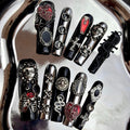 MellowBells Premium Handmade Fake Nails – Black Lace Baroque Punk with Rivets (Size M)