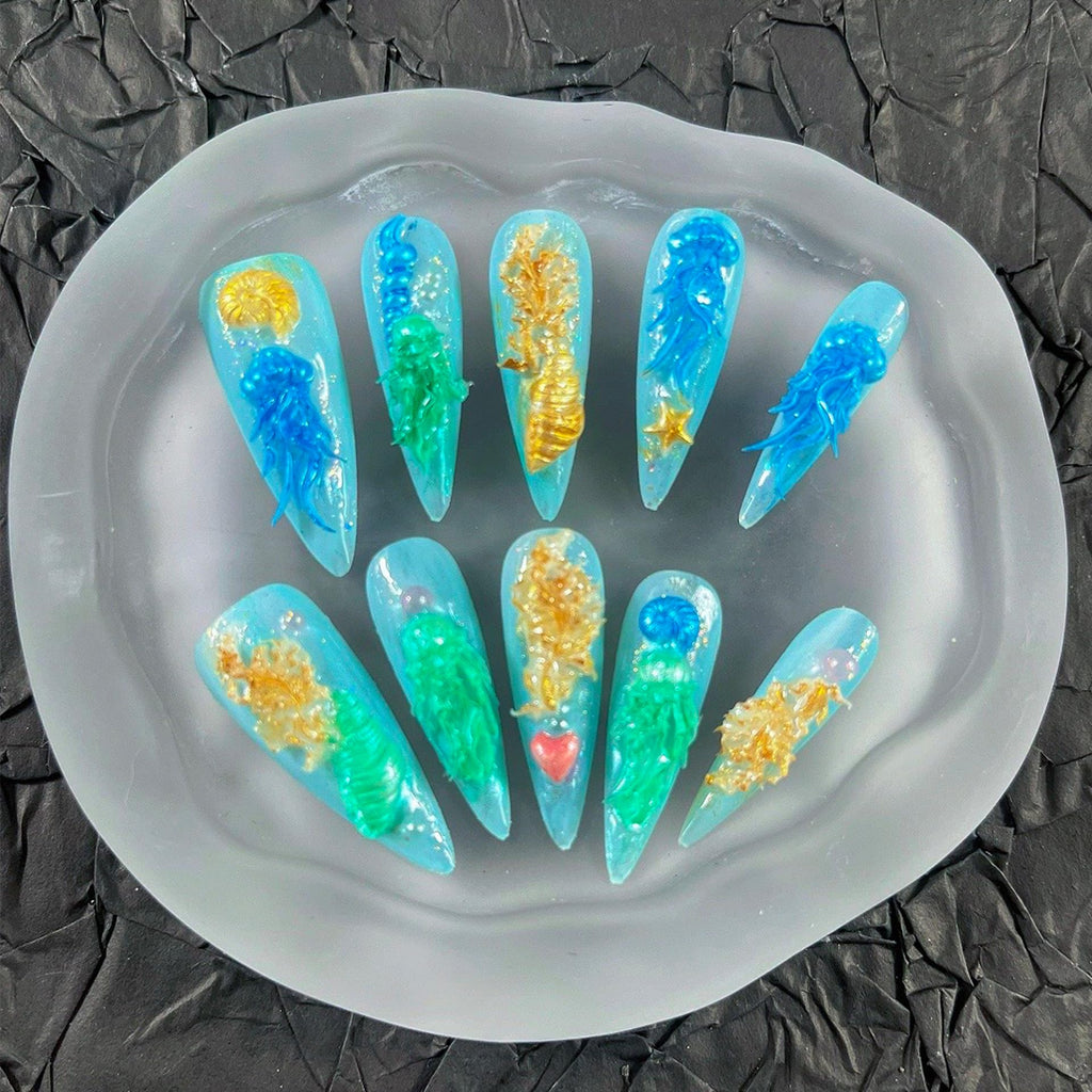 MellowBells Press On Nails 10Pcs Blue Embossed Handmade 33mm Long – Quick DIY Manicure