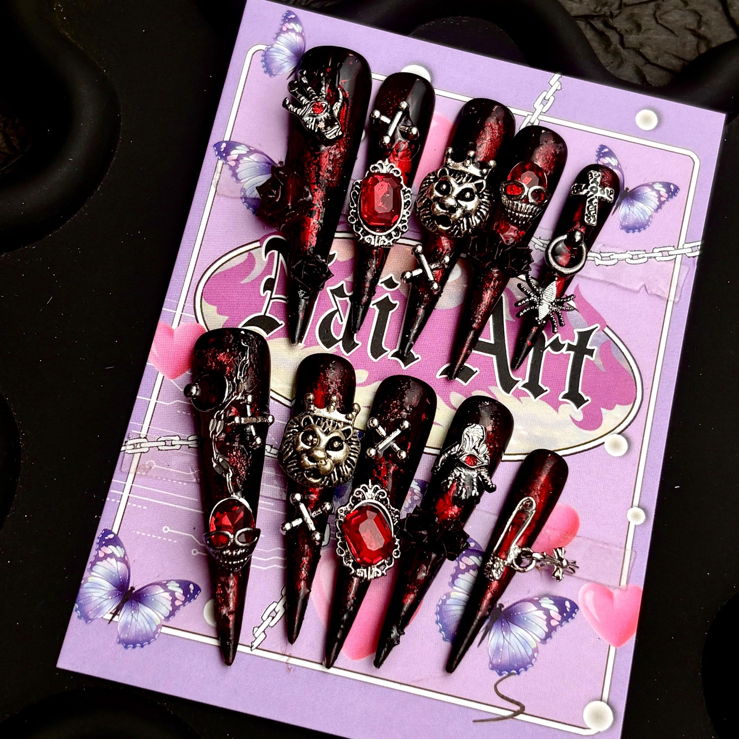 MellowBells Handmade Nails – Black Floral Baroque Punk with Chain Accents | Size S