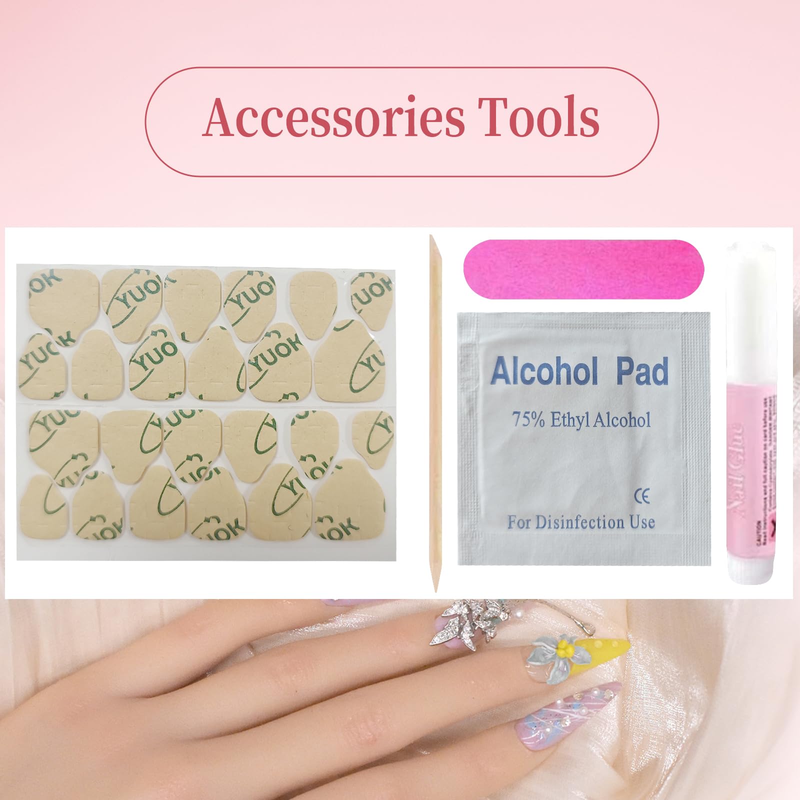 MellowBells Press-On Nails – 10Pcs Pink Handmade, 33mm Long, Size L + Ring