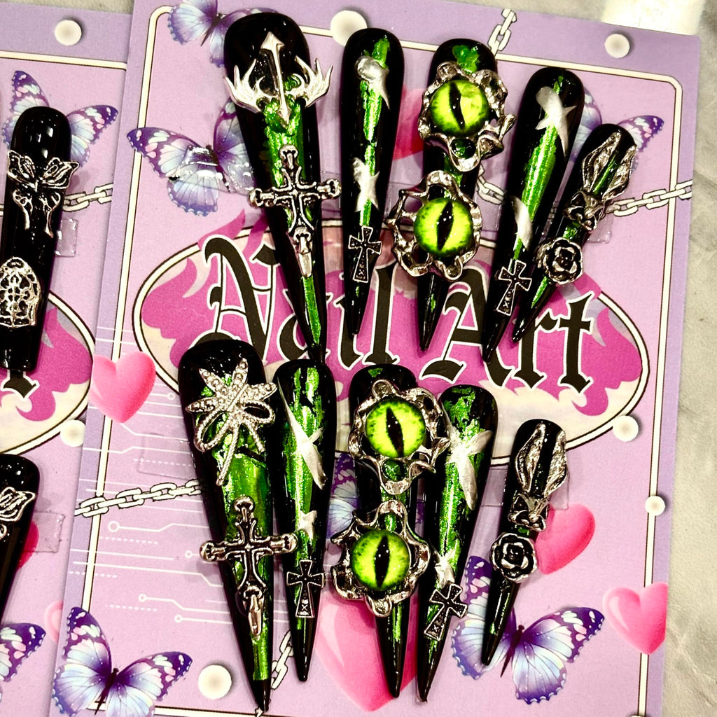 MellowBells Premium Handmade Press-On Nails – Black Gold Baroque Punk with Hex Nuts | Size M