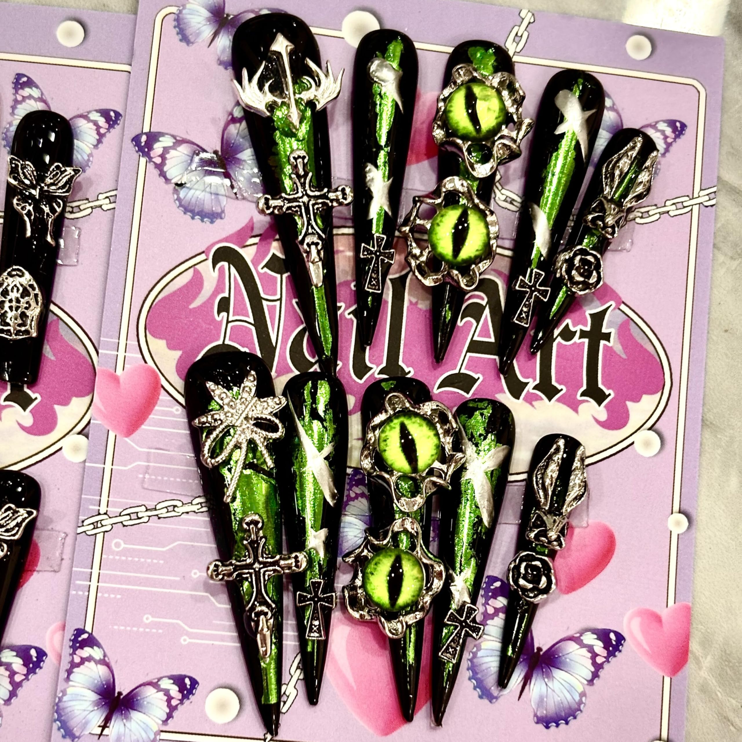 MellowBells Premium Handmade Press-On Nails – Black Gold Baroque Punk with Hex Nuts | Size M