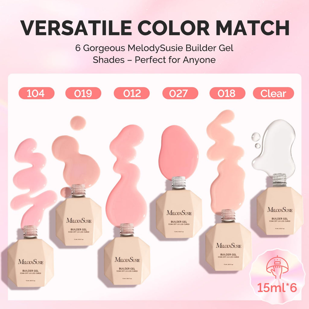 MelodySusie Builder Gel Nail Set – 6 Nude Pink Base Colors, Clear Rubber Base, 15ml Polishes, Soak-Off UV Extension, Rhinestone Glue Gift for Women