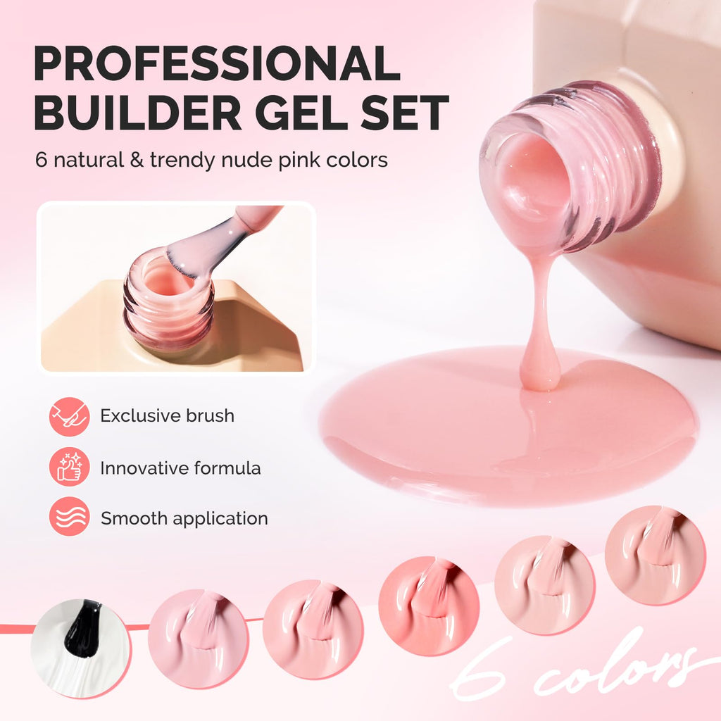 MelodySusie Builder Gel Nail Set – 6 Nude Pink Base Colors, Clear Rubber Base, 15ml Polishes, Soak-Off UV Extension, Rhinestone Glue Gift for Women