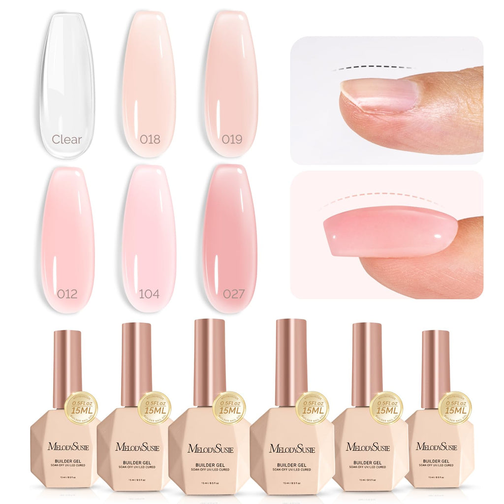 MelodySusie Builder Gel Nail Set – 6 Nude Pink Base Colors, Clear Rubber Base, 15ml Polishes, Soak-Off UV Extension, Rhinestone Glue Gift for Women