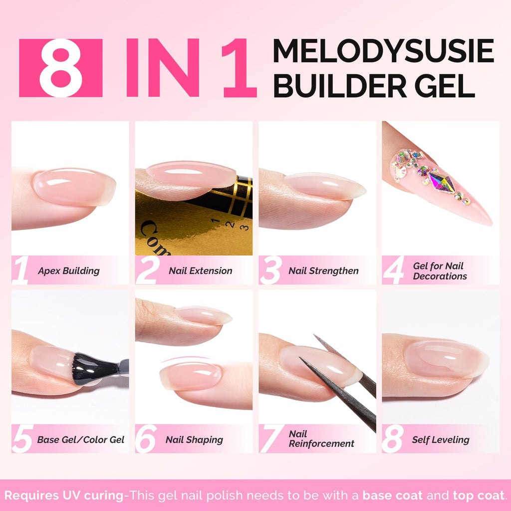 MelodySusie Builder Gel Nail Set – 6 Jelly Pink Gels, Thickening Base, UV/LED Cure
