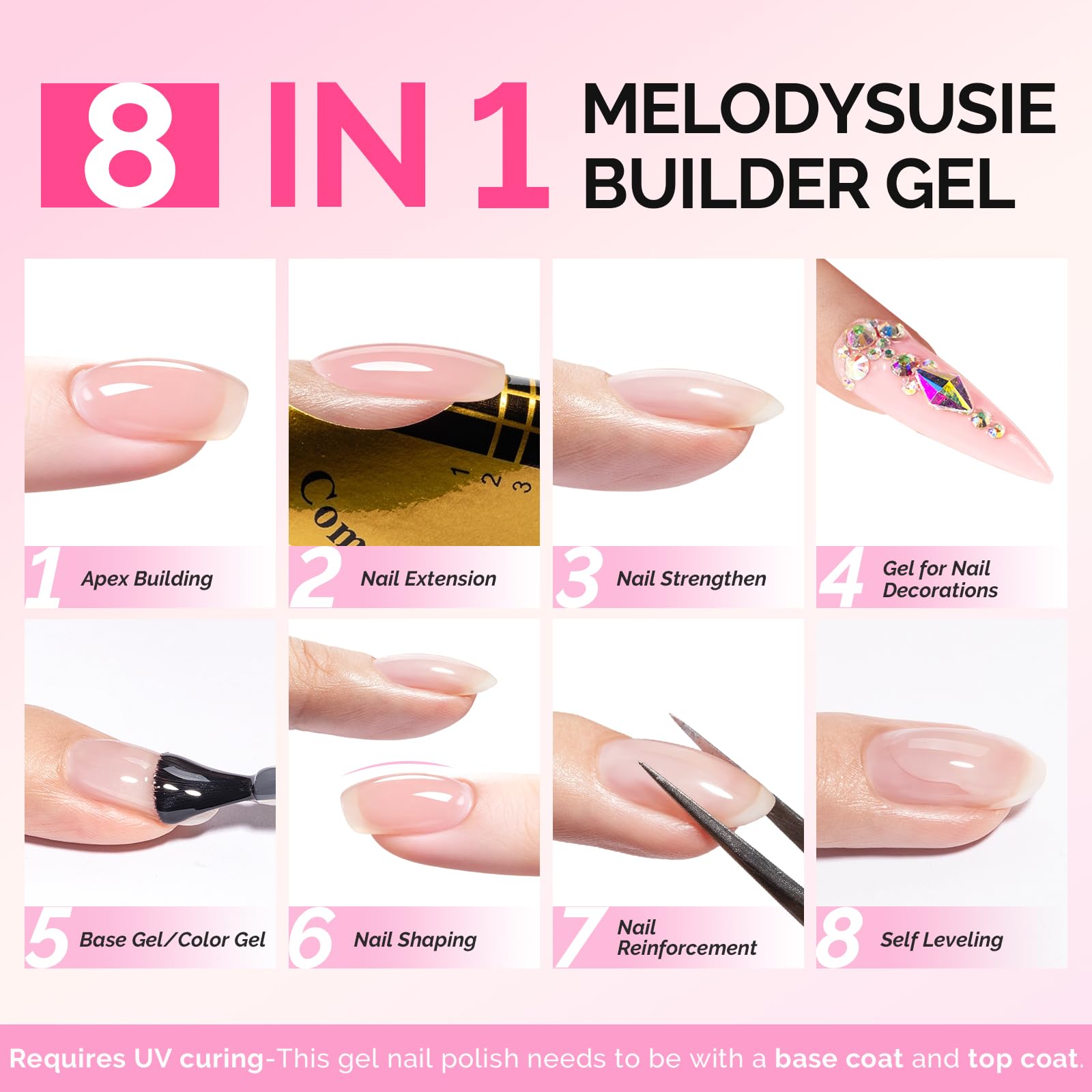 MelodySusie Builder Gel Nail Set – 6 Jelly Pink Gels, Thickening Base, UV/LED Cure