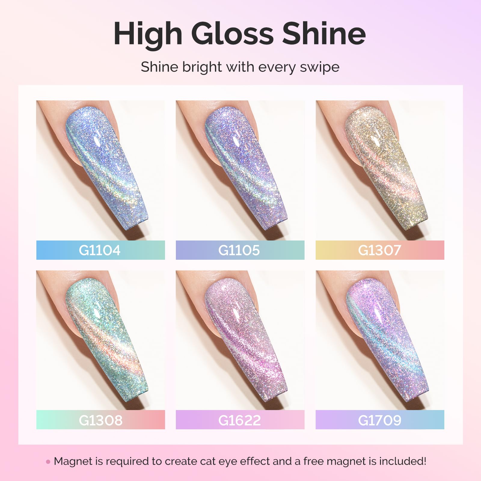 MelodySusie Glitter Cat Eye Gel Nail Polish Set – 6x 15ml Magnetic UV Polish for DIY Manicures