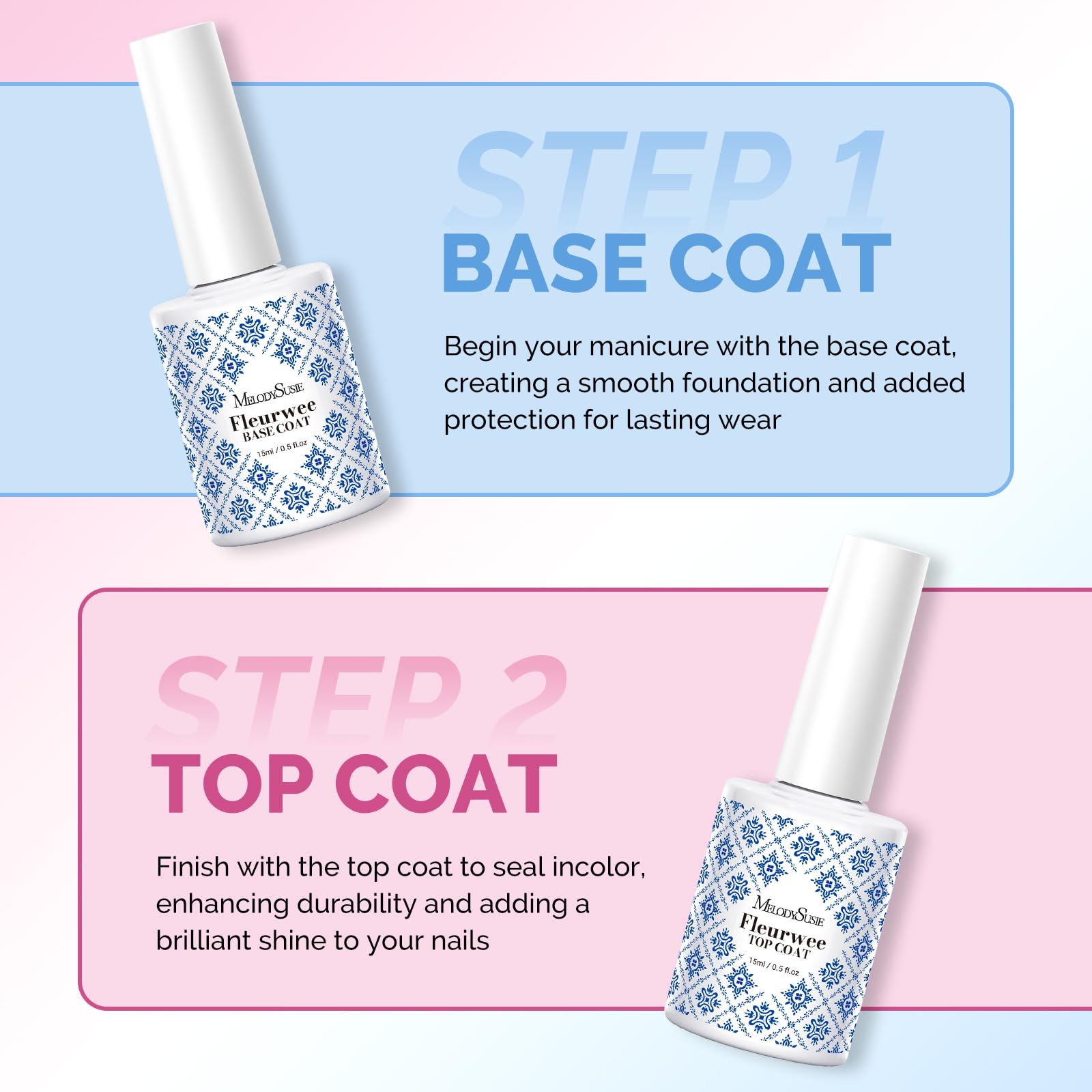 MelodySusie Fleurwee No-Wipe Glossy Top Coat & Base Coat Gel – HEMA-Free, 21-Day Long-Lasting Nail System