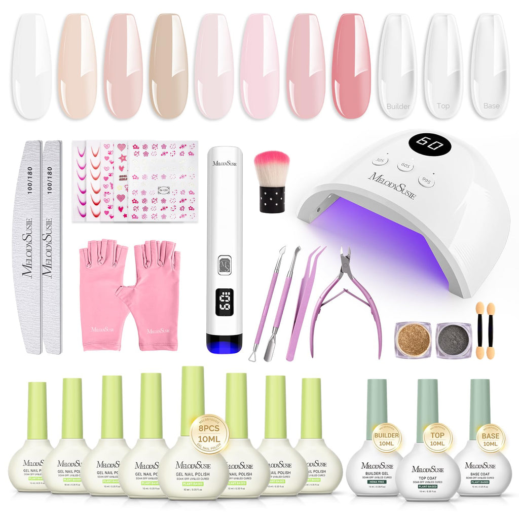 MelodySusie Gel Nail Polish Kit with P-Plus30F UV Nail Lamp – Plant-Based Gel Polish, Base Coat, Top Coat, Builder & Tools