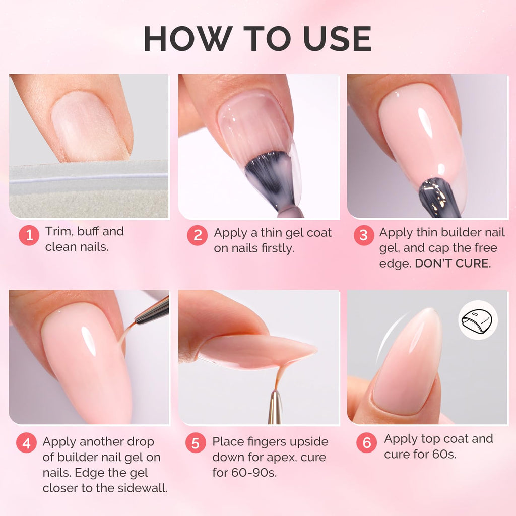 MelodySusie Builder Gel Nail Set – 6 Nude Pink Base Colors, Clear Rubber Base, 15ml Polishes, Soak-Off UV Extension, Rhinestone Glue Gift for Women