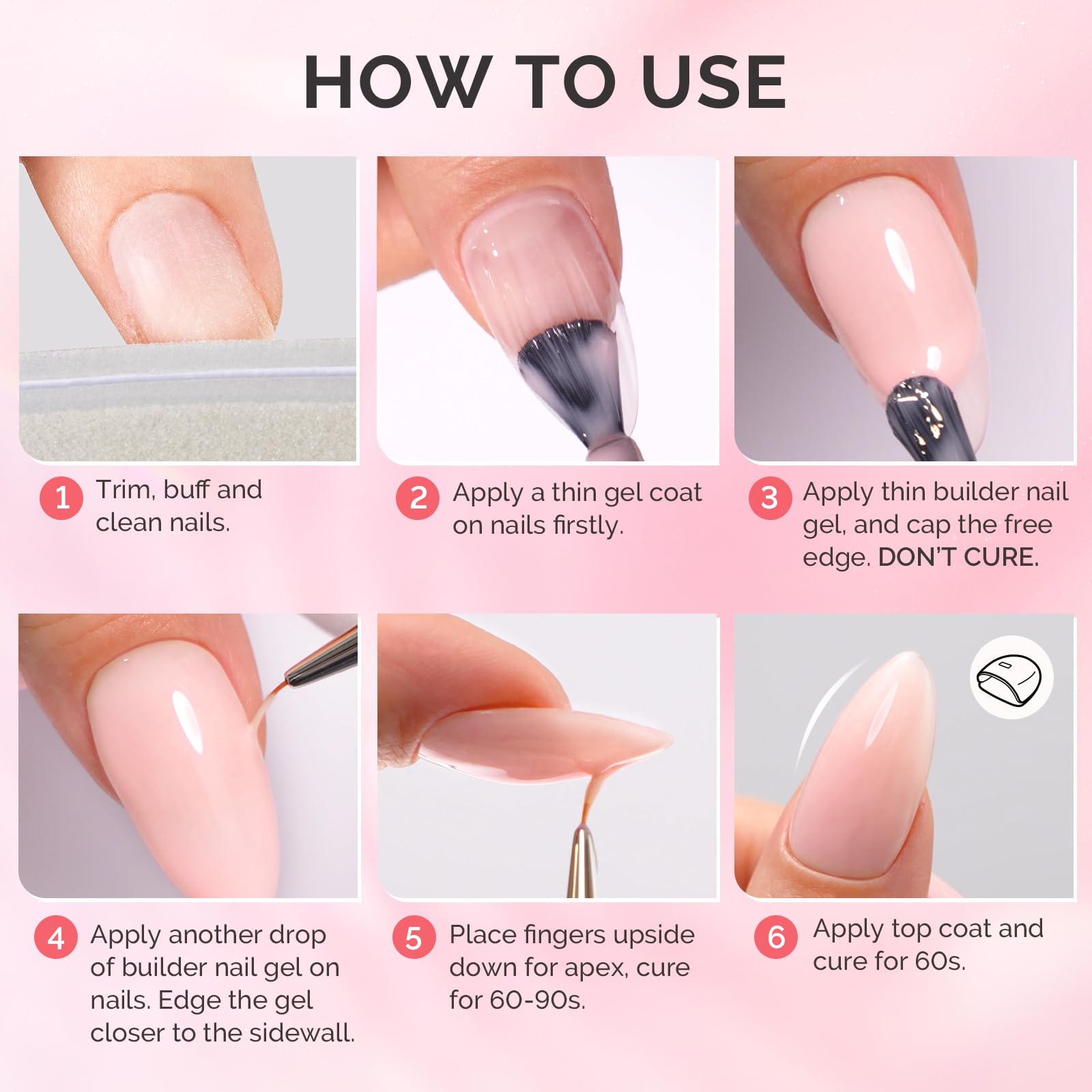 MelodySusie Builder Gel Nail Set – 6 Nude Pink Base Colors, Clear Rubber Base, 15ml Polishes, Soak-Off UV Extension, Rhinestone Glue Gift for Women