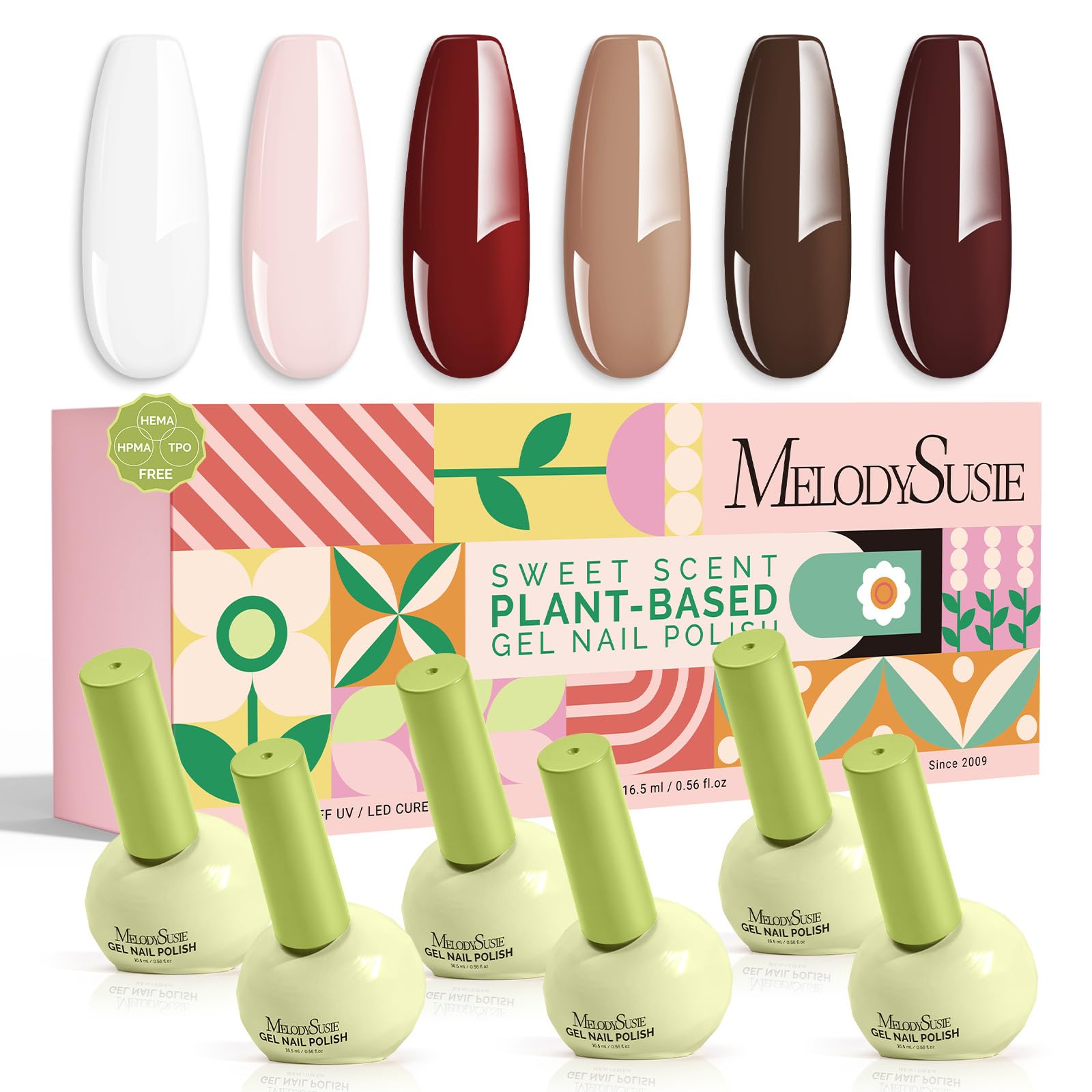 MelodySusie Highly Pigmented Gel Nail Polish Set – 6 Nude Neutral Shades, Tilt-and-Stand Bottle, 0.56 fl oz, Plant-Based 3-Free Formula
