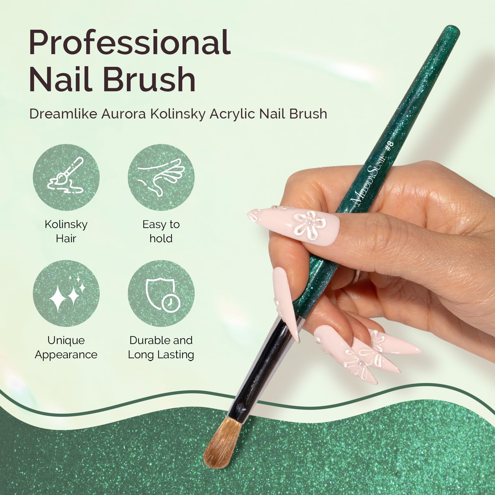 MelodySusie Kolinsky Acrylic Nail Brush – 66% Kolinsky Hair, Aurora Collection, Size 8