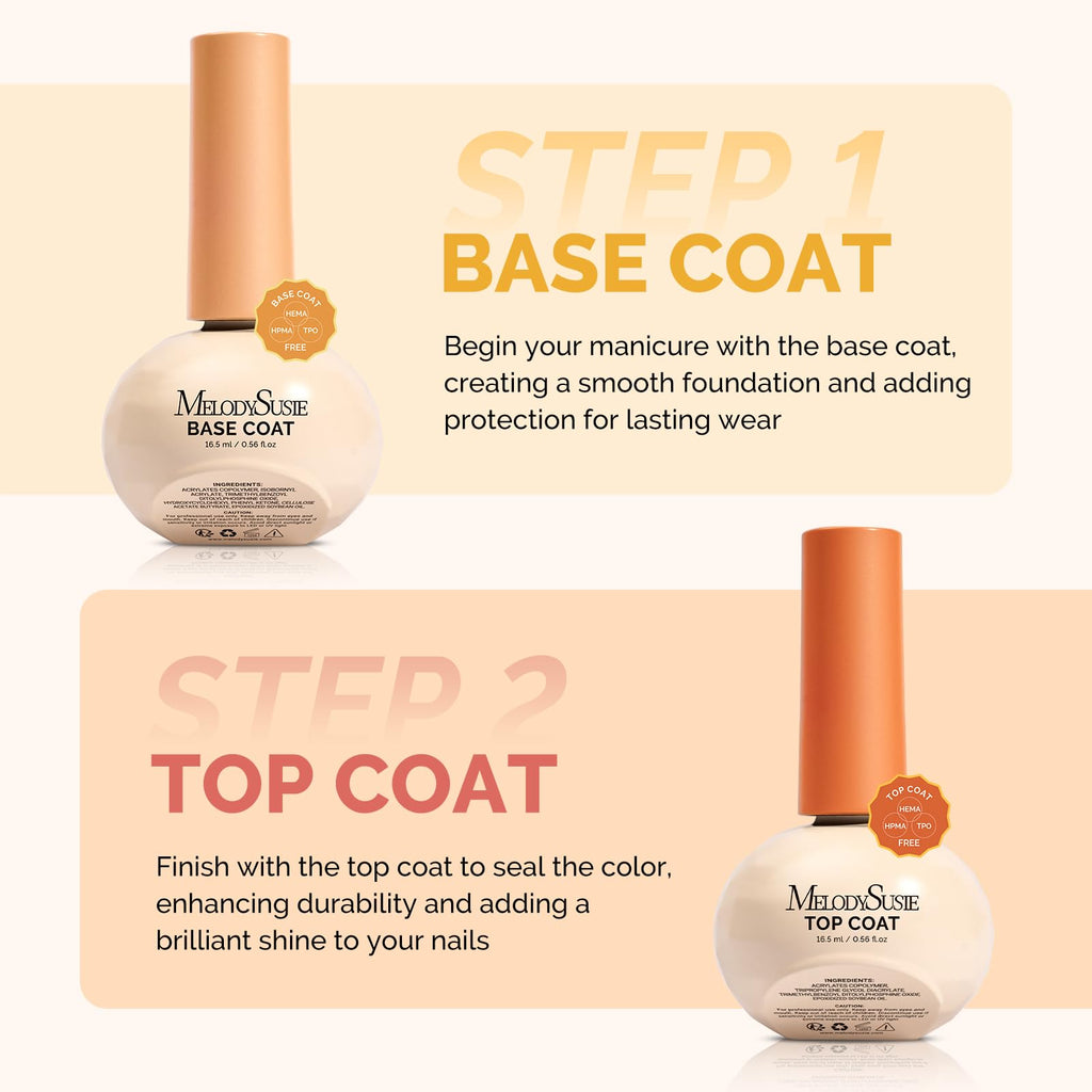 MelodySusie Plant-Based Gel Base & Glassy Top Coat Set — Tilt-and-Stand Bottle, 16.5ml, 2 Pcs, TPO/HEMA/HPMA Free