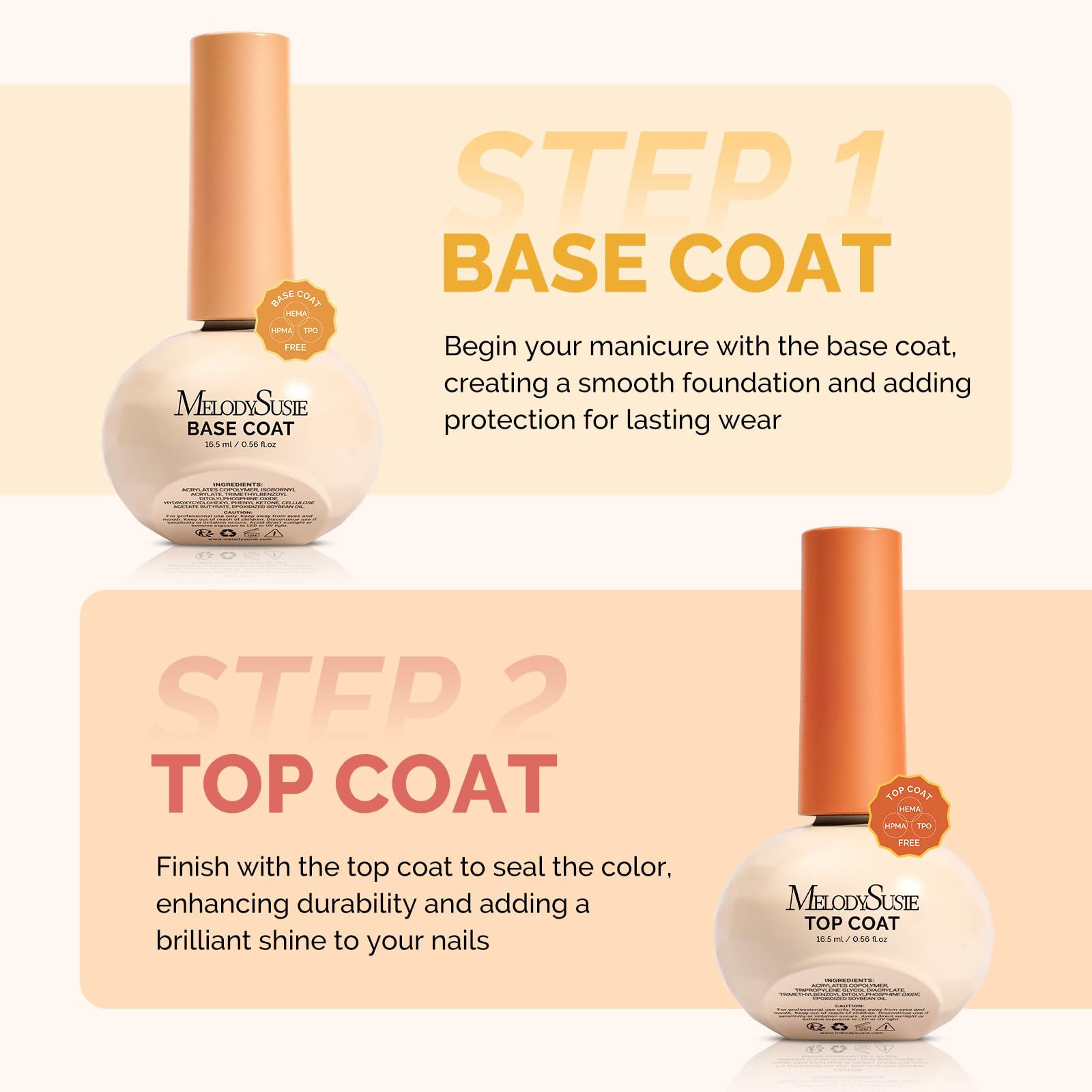 MelodySusie Plant-Based Gel Base & Glassy Top Coat Set — Tilt-and-Stand Bottle, 16.5ml, 2 Pcs, TPO/HEMA/HPMA Free