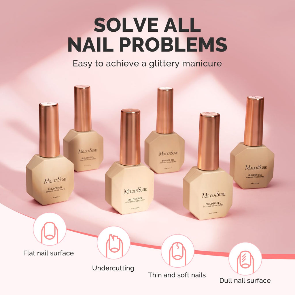 MelodySusie Builder Gel Nail Set – 6 Nude Pink Base Colors, Clear Rubber Base, 15ml Polishes, Soak-Off UV Extension, Rhinestone Glue Gift for Women