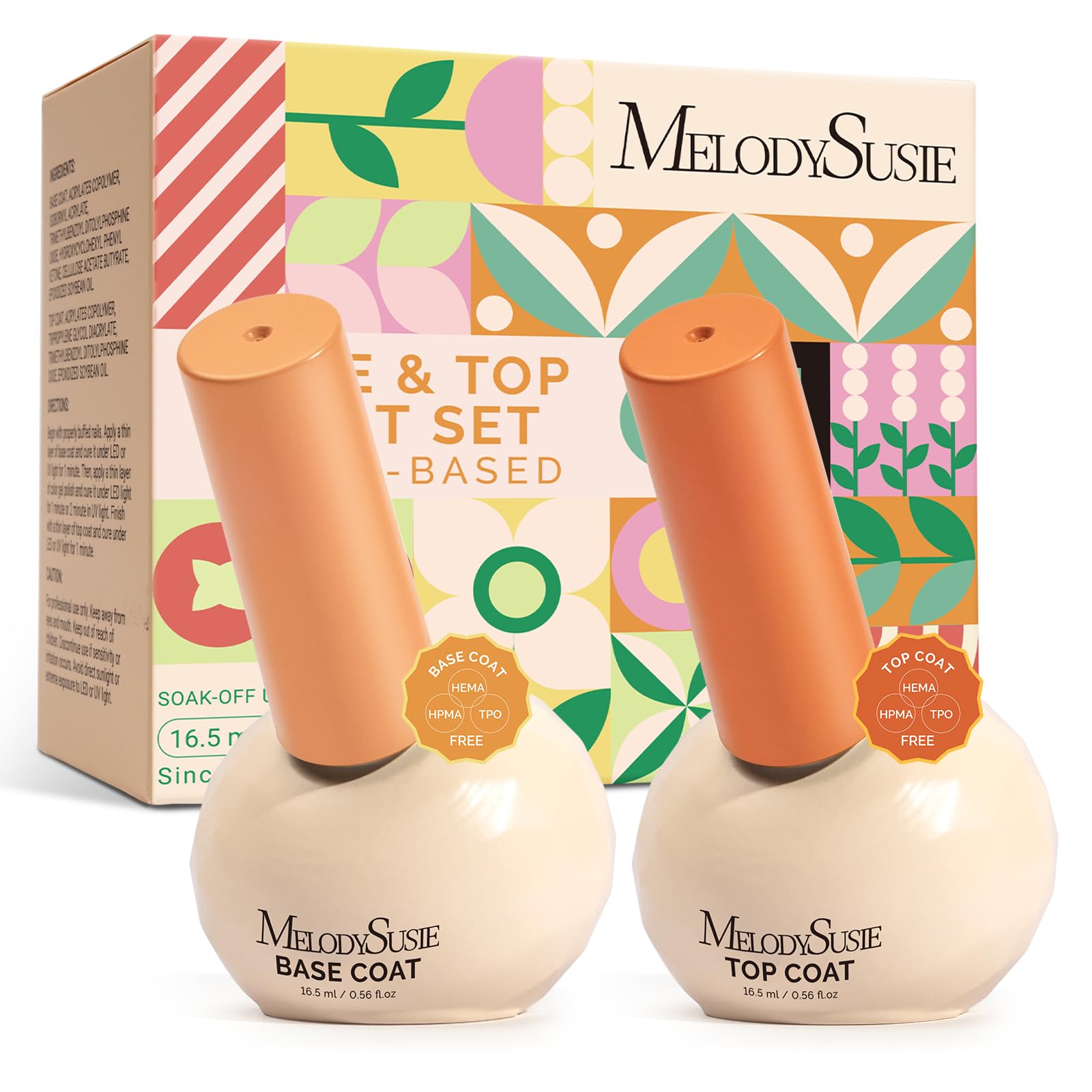 MelodySusie Plant-Based Gel Base & Glassy Top Coat Set — Tilt-and-Stand Bottle, 16.5ml, 2 Pcs, TPO/HEMA/HPMA Free