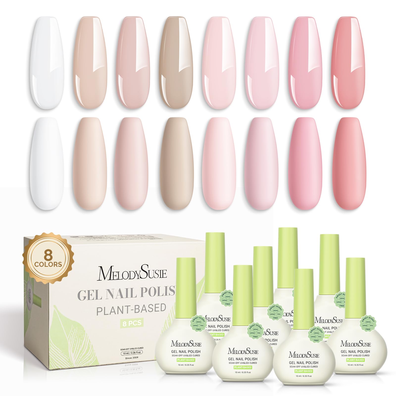MelodySusie Plant Based Gel Nail Polish Set – Pink & Nude, 8-Piece 10ml, HEMA Free, Soak Off UV/LED, At-Home Manicure