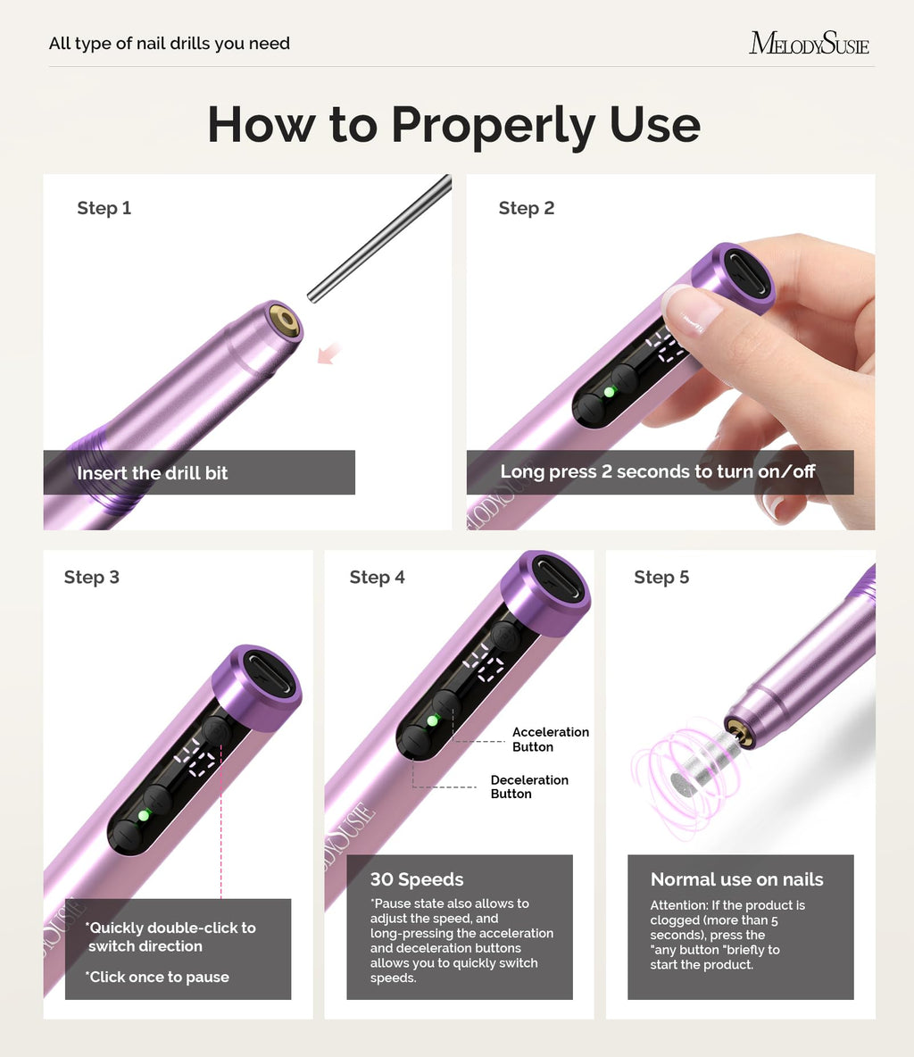 MelodySusie PM170F Pen-Shaped Ultra-Slim Cordless Nail Drill – 30,000 RPM, LED Display, Home Manicure & Gel Removal