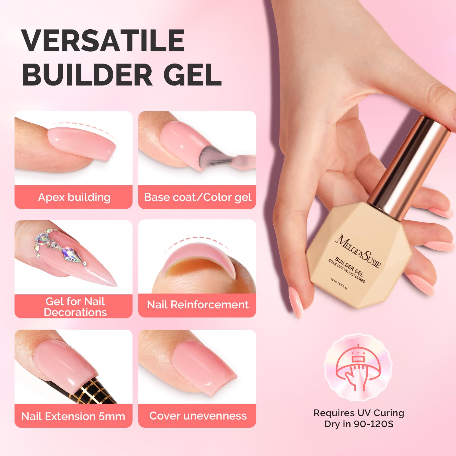 MelodySusie Builder Gel Nail Set – 6 Nude Pink Base Colors, Clear Rubber Base, 15ml Polishes, Soak-Off UV Extension, Rhinestone Glue Gift for Women