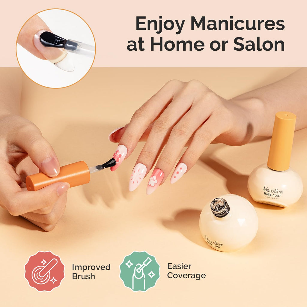 MelodySusie Plant-Based Gel Base & Glassy Top Coat Set — Tilt-and-Stand Bottle, 16.5ml, 2 Pcs, TPO/HEMA/HPMA Free