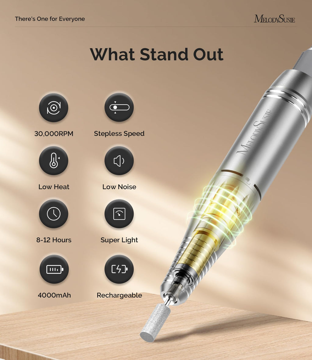 MelodySusie SC300F Clip-On Rechargeable Nail Drill - 30000RPM E-File with LCD Display