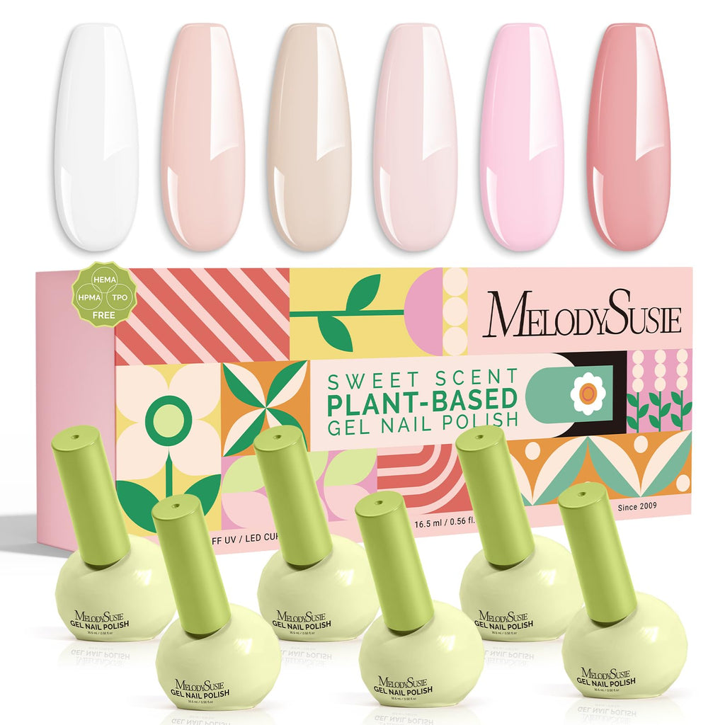 MelodySusie Valentine Gel Nail Polish Set – 6 Pink Nude Colors, Tilt Bottle, 3-Free Plant-Based Formula