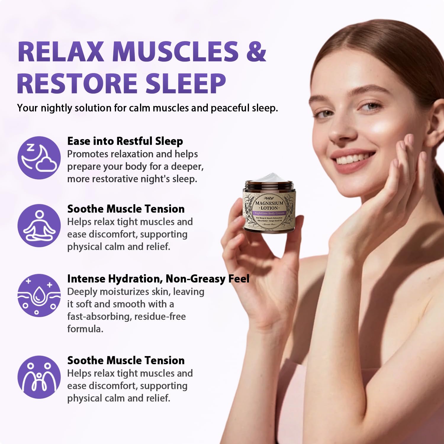 Melopuff Magnesium Lotion for Sleep & Muscle Relaxation – Non-Greasy Nighttime Body Cream, Lavender, 7oz