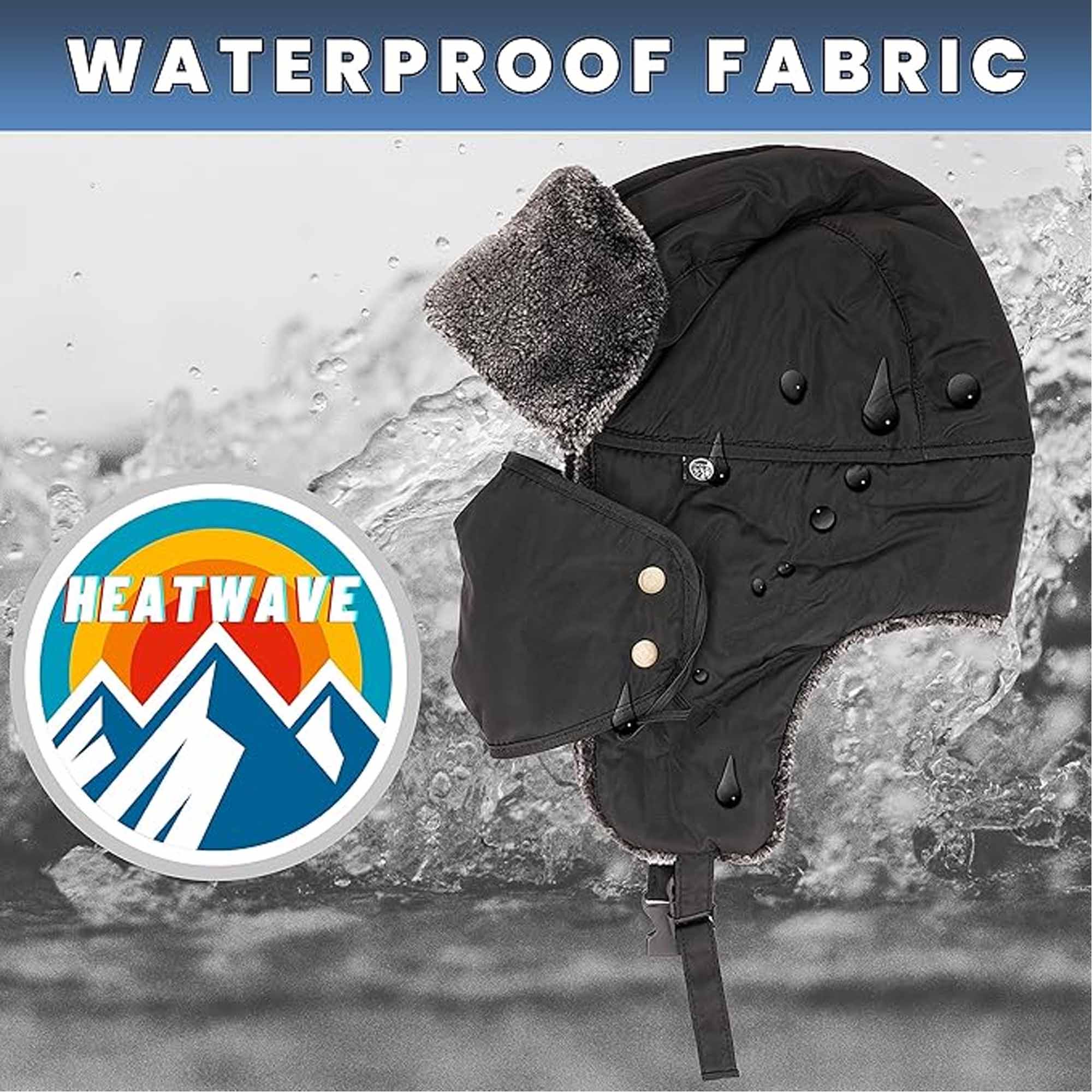 Heatwave Men's 3 In 1 Trapper Hat With Mask Waterproof Faux Fur Lining Ear Flaps Neck
