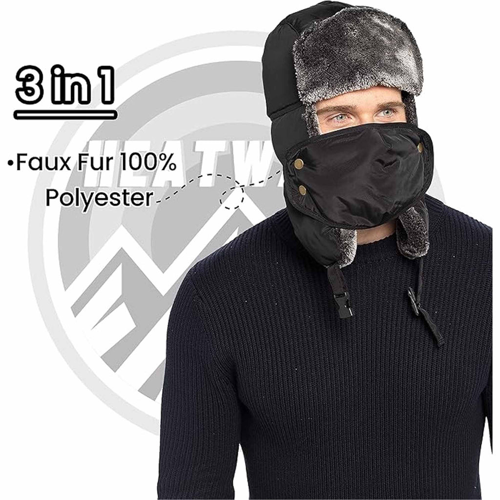 Heatwave Men's 3 In 1 Trapper Hat With Mask Waterproof Faux Fur Lining Ear Flaps Neck