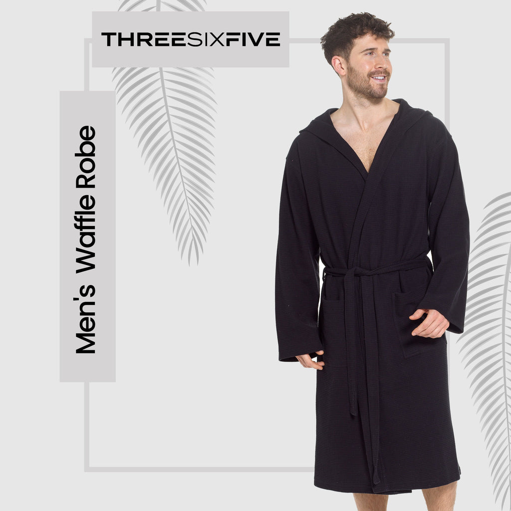 Sock Stack Men's Hooded Waffle Cotton Bathrobe Black 100% Cotton Super Absorbent