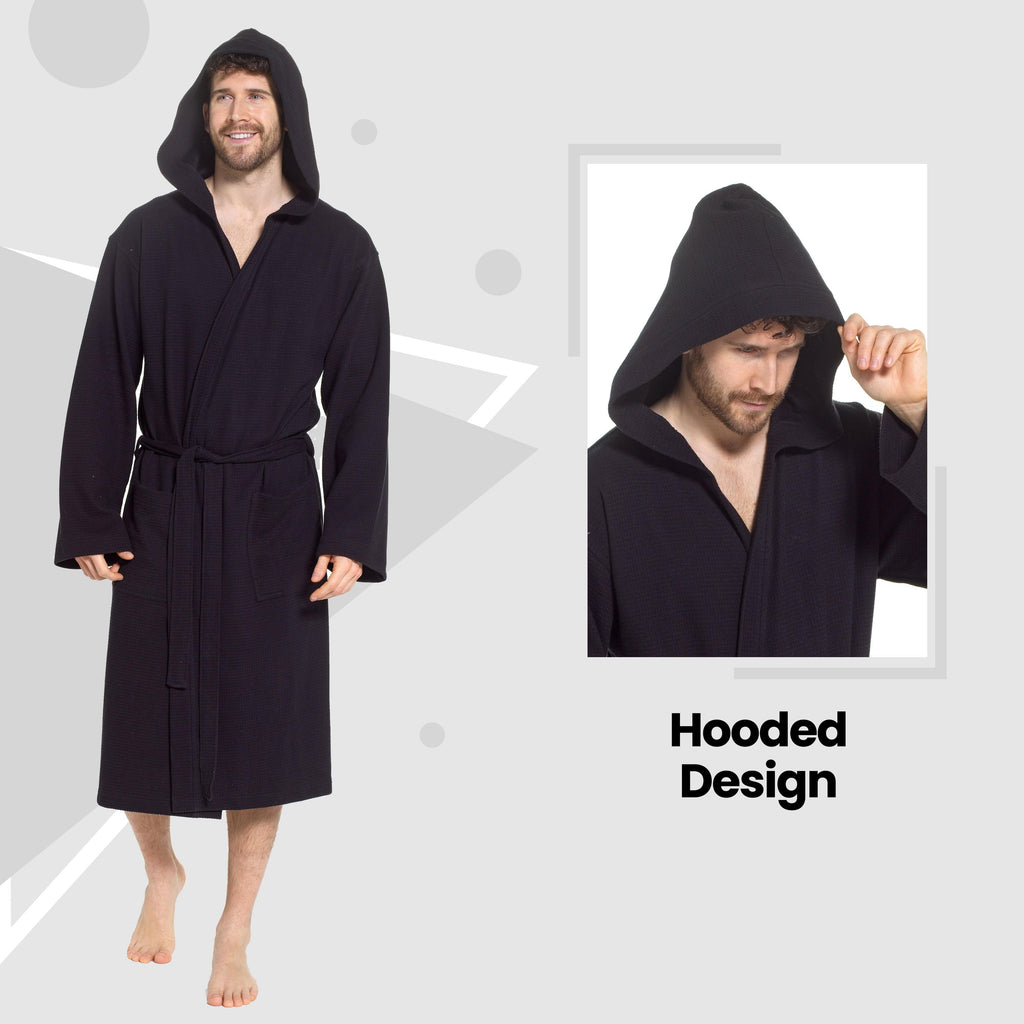 Sock Stack Men's Hooded Waffle Cotton Bathrobe Black 100% Cotton Super Absorbent
