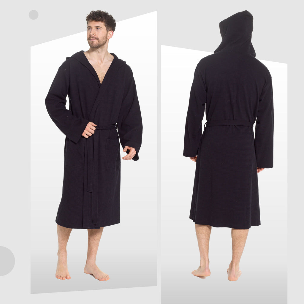 Sock Stack Men's Hooded Waffle Cotton Bathrobe Black 100% Cotton Super Absorbent
