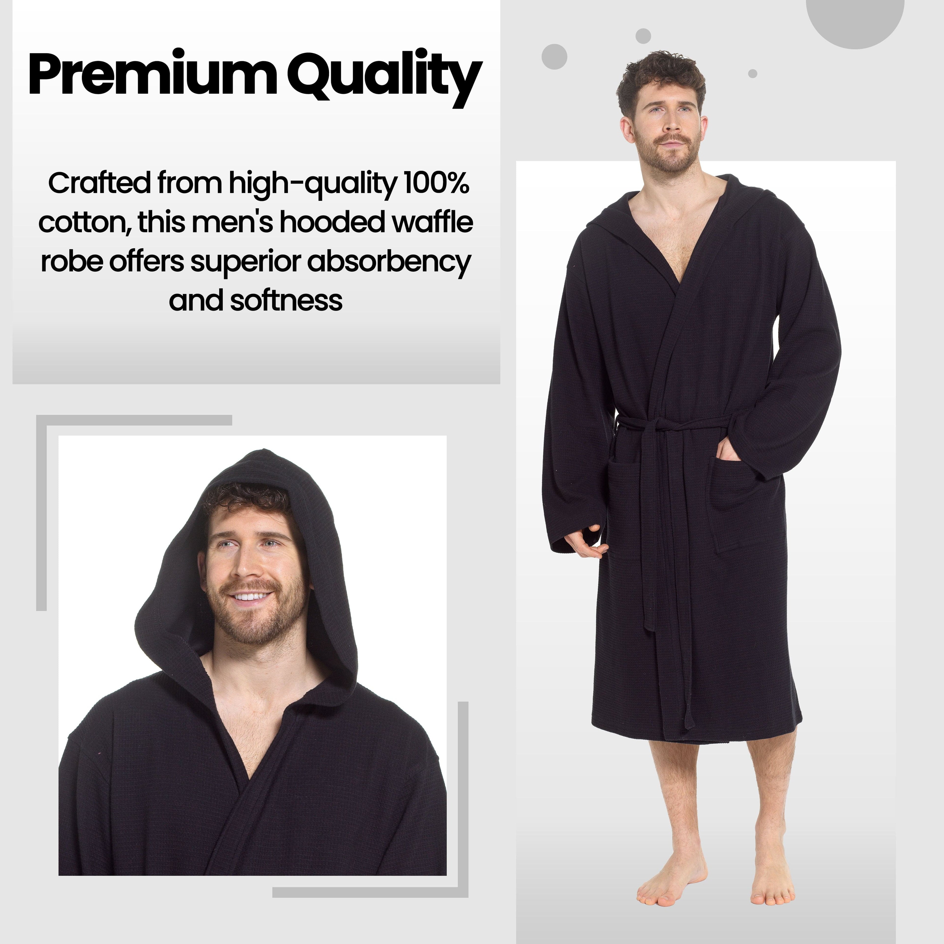 Sock Stack Men's Hooded Waffle Cotton Bathrobe Black 100% Cotton Super Absorbent