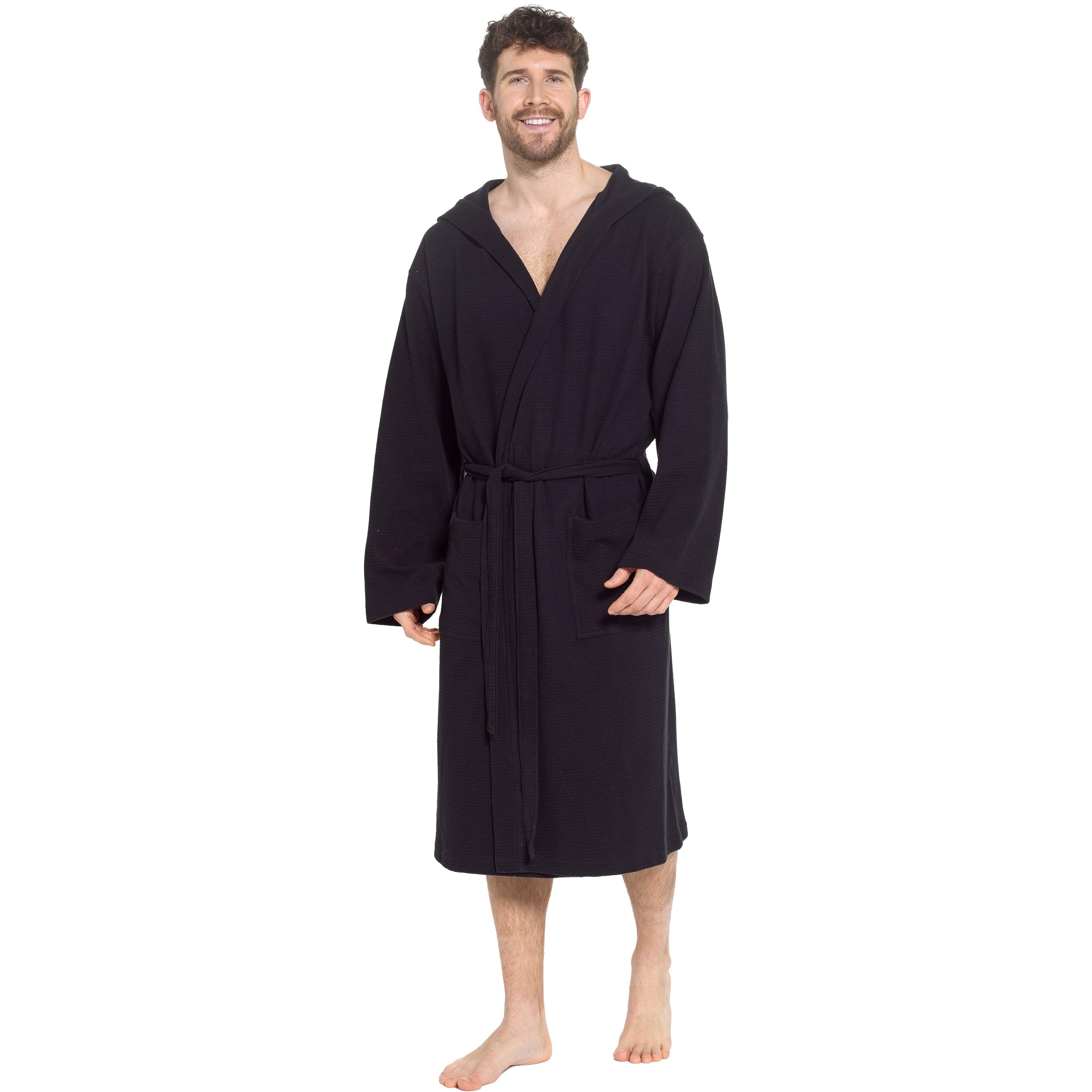 Sock Stack Men's Hooded Waffle Cotton Bathrobe Black 100% Cotton Super Absorbent