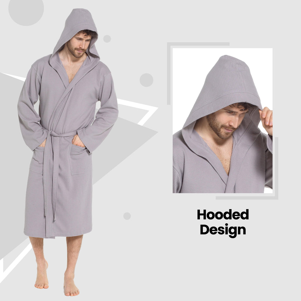 Sock Stack Mens Hooded Waffle Cotton Bathrobe Grey 100% Cotton Super Absorbent Super Soft Cosy Dressing Gown