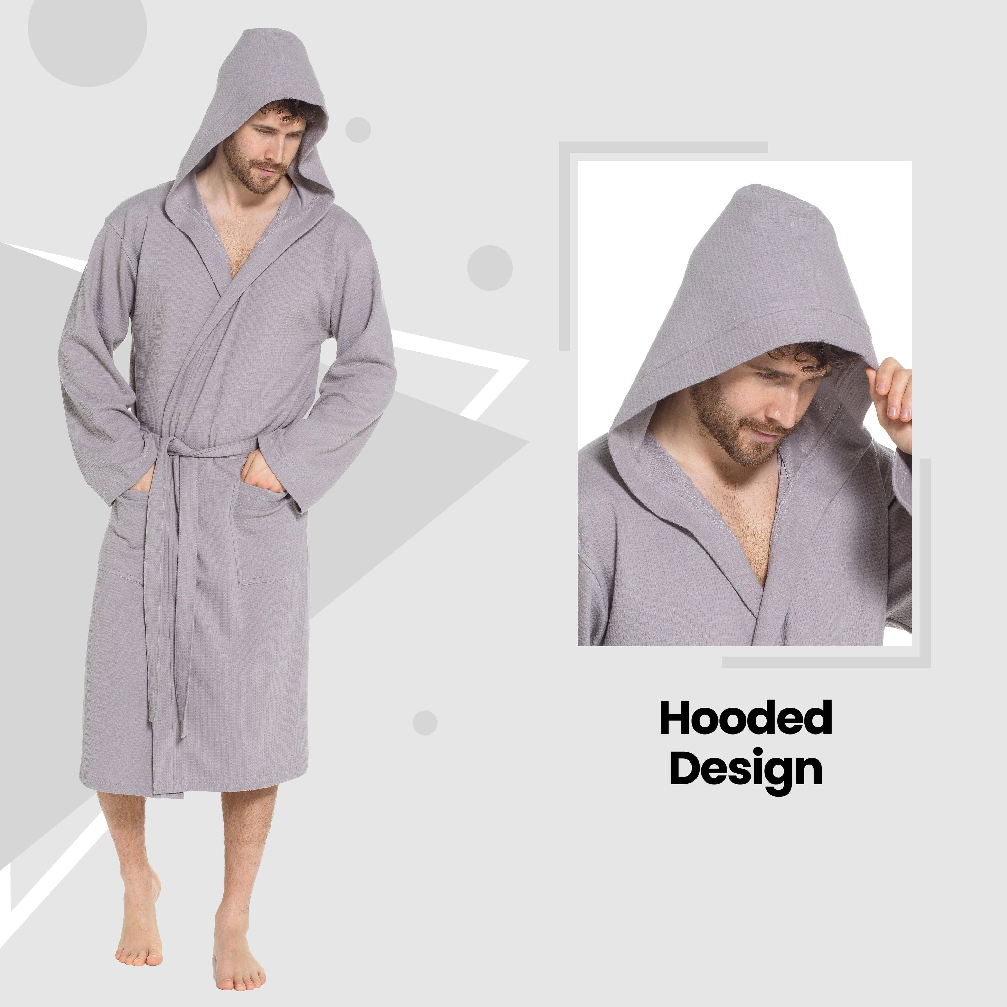 Sock Stack Mens Hooded Waffle Cotton Bathrobe Grey 100% Cotton Super Absorbent Super Soft Cosy Dressing Gown