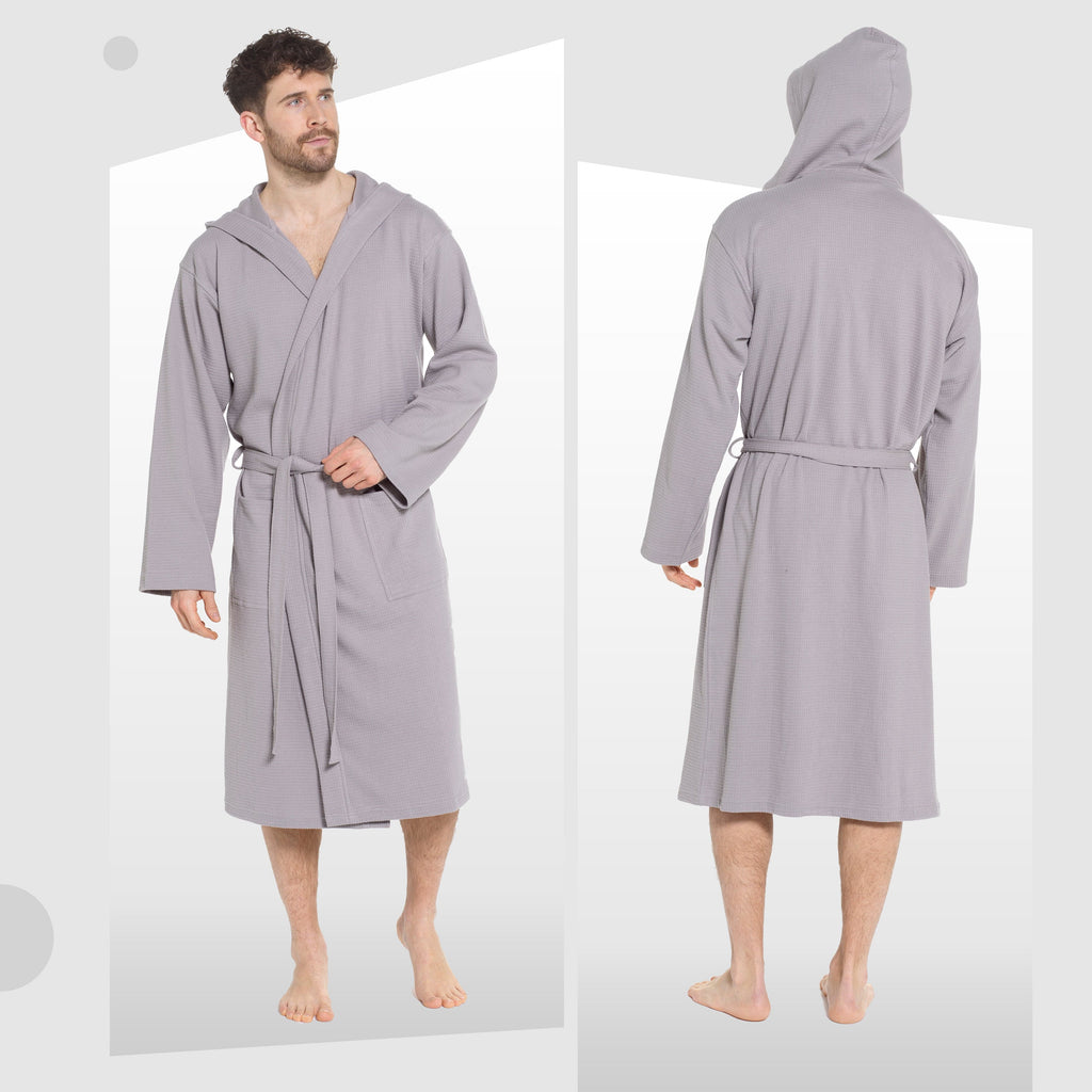 Sock Stack Mens Hooded Waffle Cotton Bathrobe Grey 100% Cotton Super Absorbent Super Soft Cosy Dressing Gown