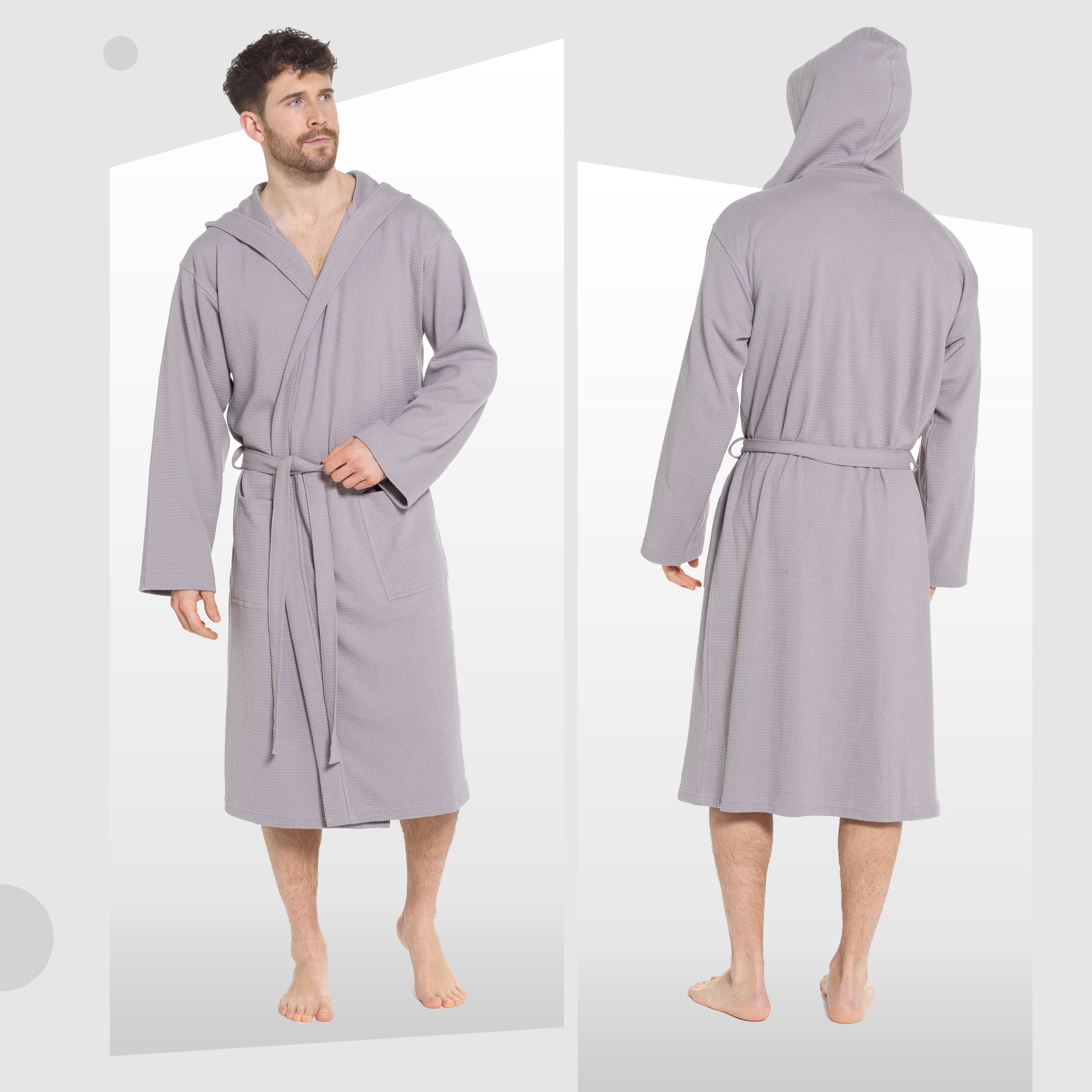 Sock Stack Mens Hooded Waffle Cotton Bathrobe Grey 100% Cotton Super Absorbent Super Soft Cosy Dressing Gown